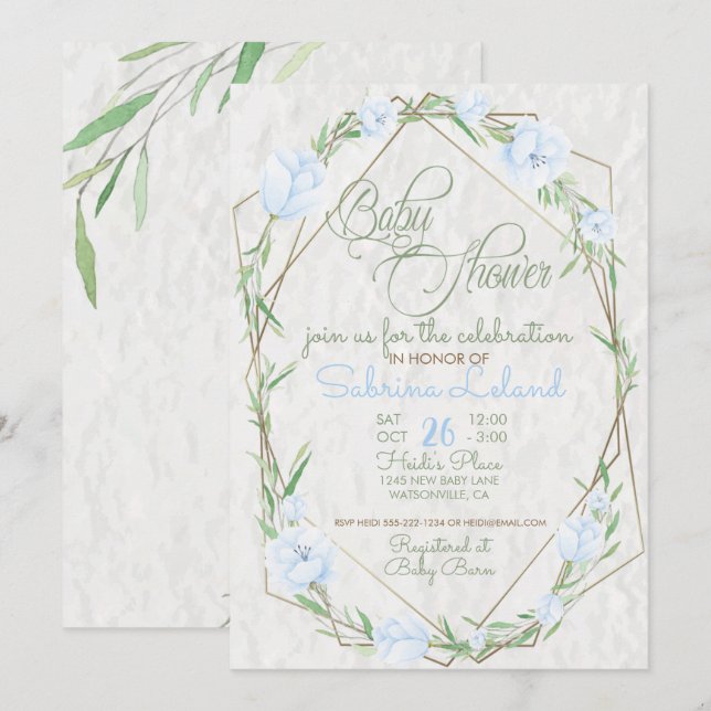 Blue Flowers Greenery Terrarium  Baby Shower Invitation (Front/Back)