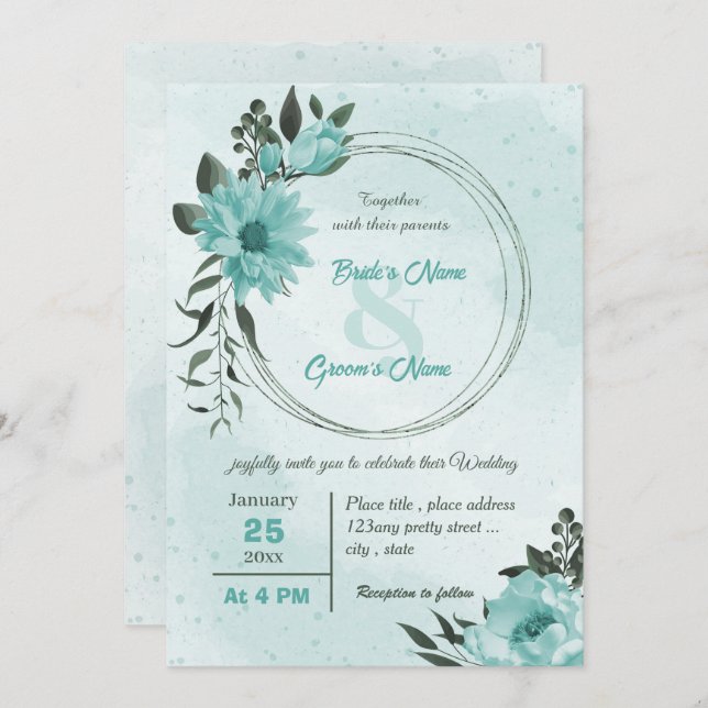  blue flowers greenery wedding  invitation (Front/Back)