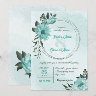 blue flowers greenery wedding invitation