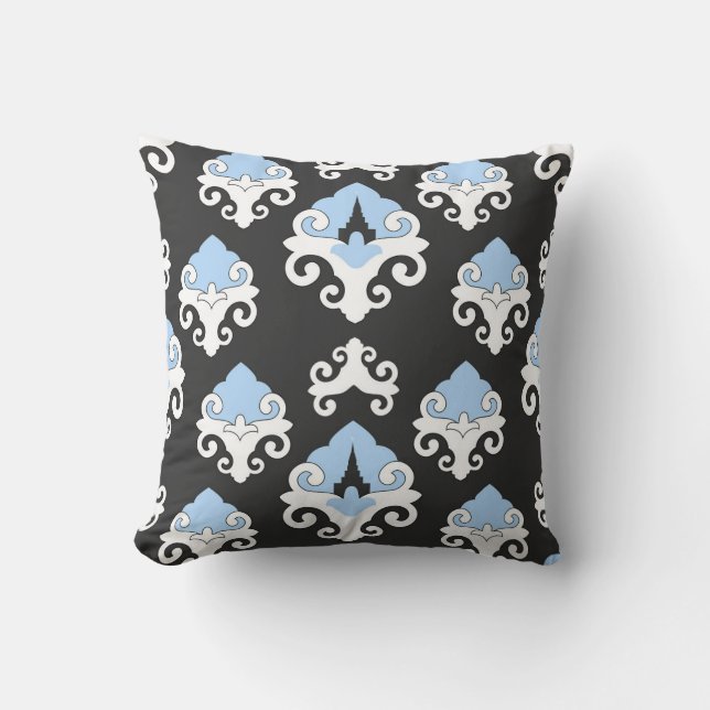 Blue Flowers Grey Background Pattern Throw Pillow (Front)