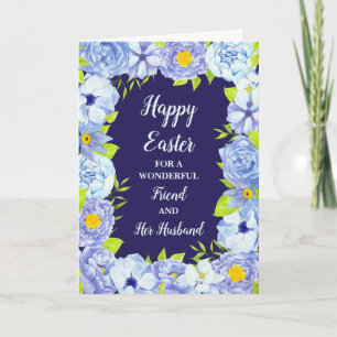 Blue Flowers Happy Easter Friend and Her Husband Holiday Card