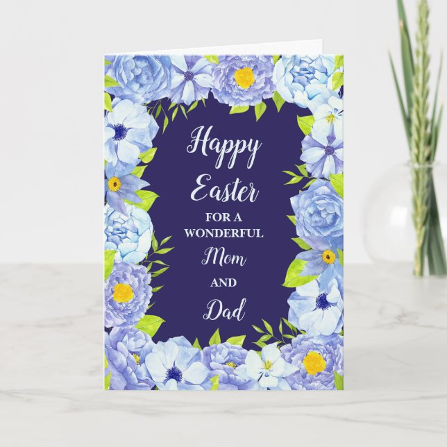 Blue Flowers Happy Easter Mom and Dad Holiday Card (Front)