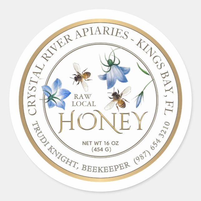 Blue Flowers Honeybee Metallic Gold Border Honey  Classic Round Sticker (Front)