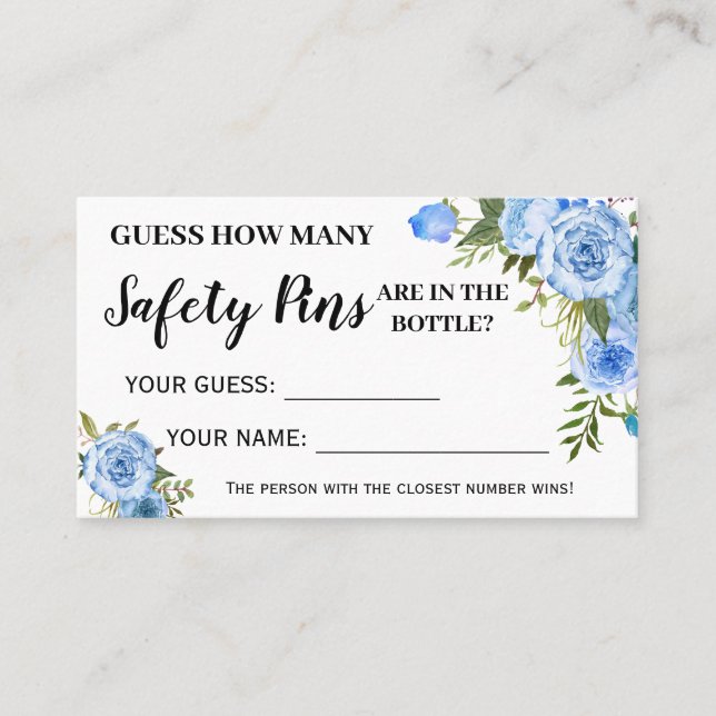 Blue Flowers How Many Safety Pins Baby Game Card (Front)