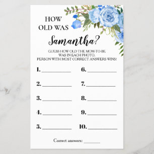 Blue Flowers How old was Mom Baby Shower Game Card