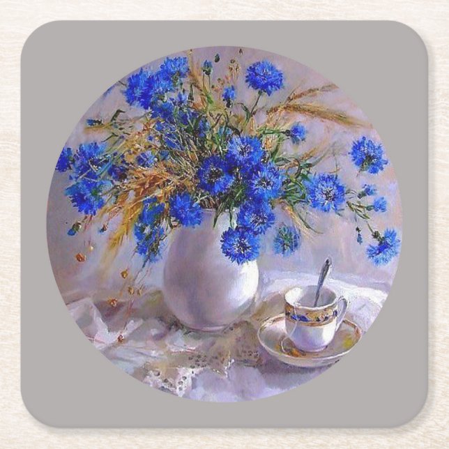 Blue Flowers in a Vase Square Paper Coaster (Front)