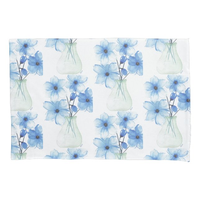 Blue Flowers in glass vase Pillowcase (Front)