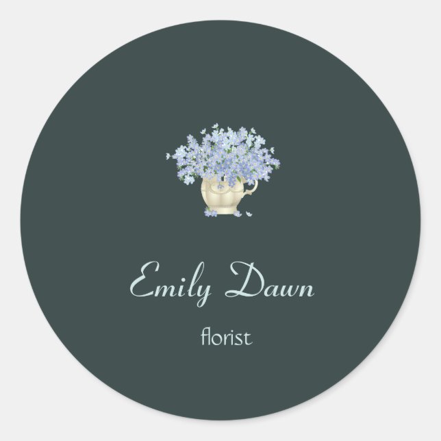 Blue flowers in vase grey classic round sticker (Front)