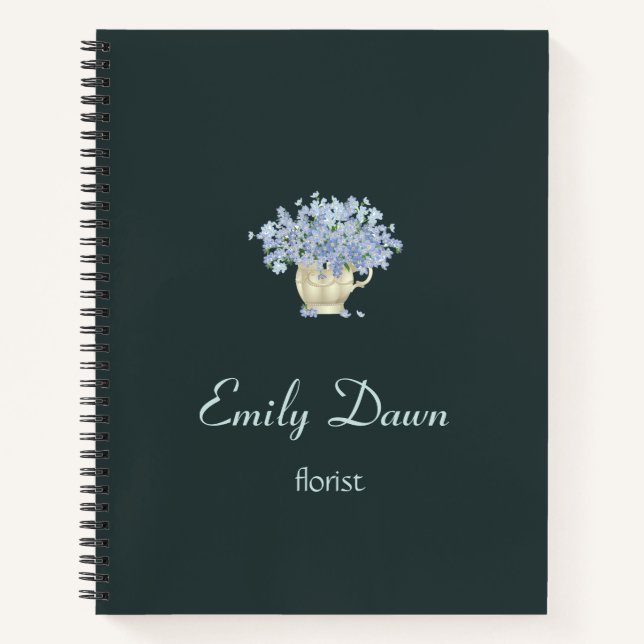 Blue flowers in vase grey notebook (Front)