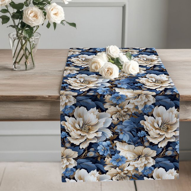 Blue Flowers Ivory Elegant Dining Table Runner (Blue Flowers Ivory Elegant Dining Table Runner)