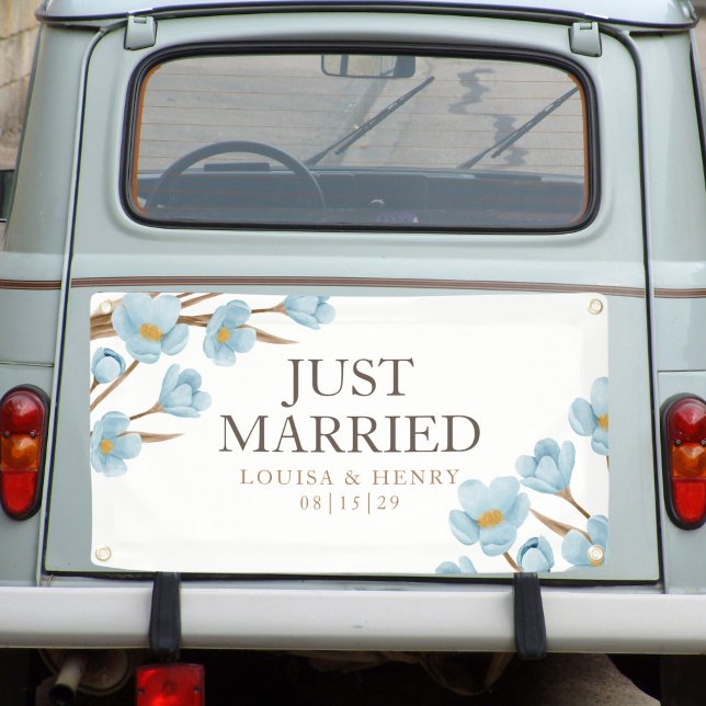 Blue Flowers Just Married Car Banner (Creator Uploaded)
