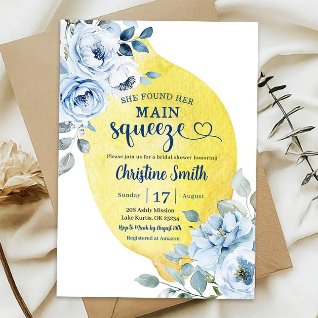 Blue Flowers Lemon Main Squeeze Bridal Shower Invitation (Creator Uploaded)