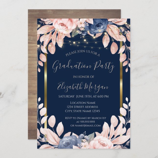 Blue Flowers,Lights, Wood, Frame Graduation Party Invitation (Front/Back)