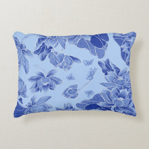 Blue Flowers Lotus Mandala Water lily Chinoiserie  Accent Pillow