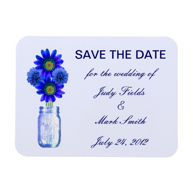 Blue Flowers Mason Jar Save The Date Magnet (Horizontal)