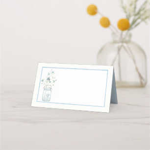 Blue Flowers Mason Jar Wedding Folded Place Card
