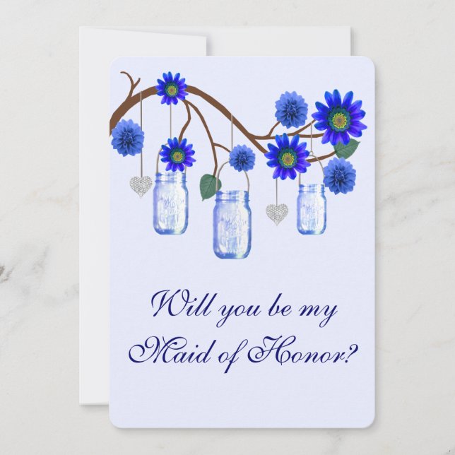 Blue Flowers Mason Jars Maid Of Honour Card (Front)
