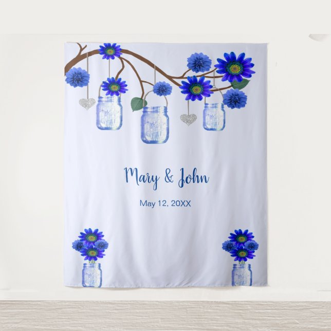 Blue Flowers Mason Jars Photo Backdrop Tapestry (Front)