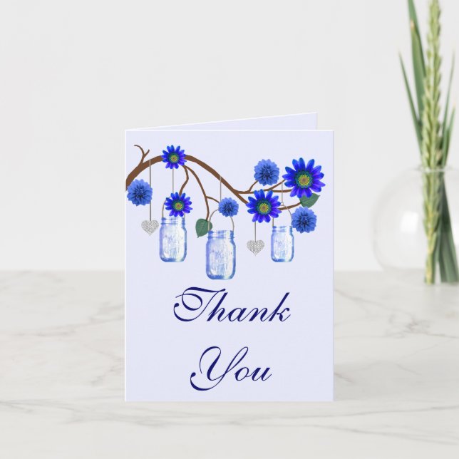 Blue Flowers Mason Jars Thank You Card (Front)