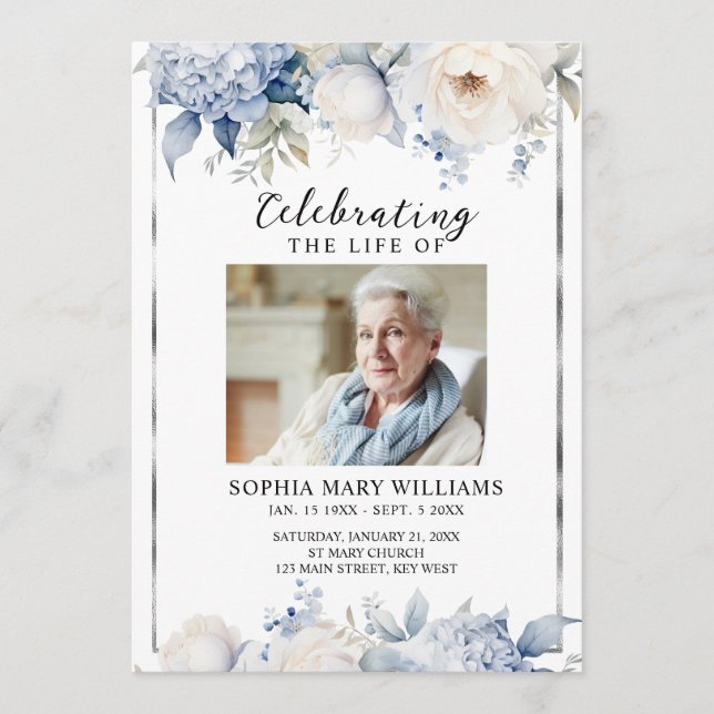 Blue Flowers Memorial Funeral Order of Service Program (Front)