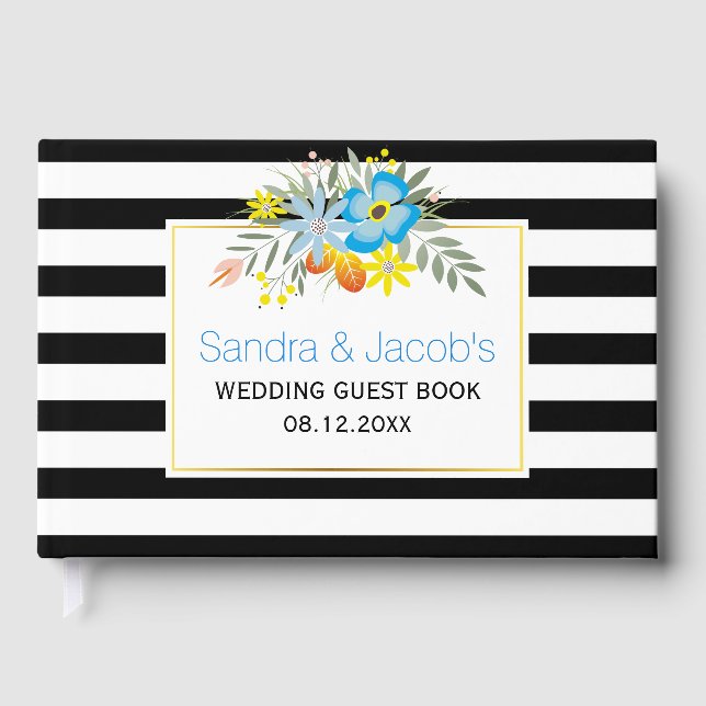 Blue flowers, modern stripes floral wedding guest book (Front)