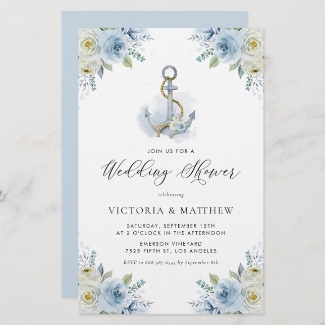 Blue Flowers Nautical Wedding Shower Invitation (Front/Back)
