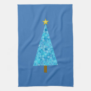 Blue flowers on a modern Christmas tree Kitchen Towel