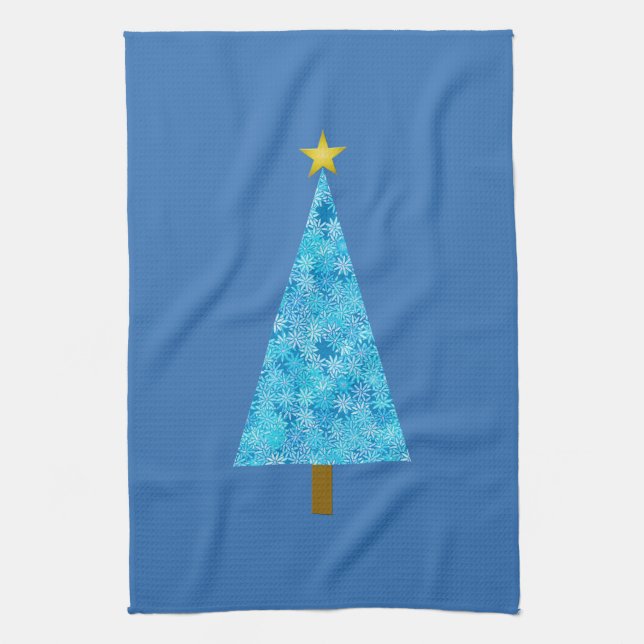 Blue flowers on a modern Christmas tree Kitchen Towel (Vertical)