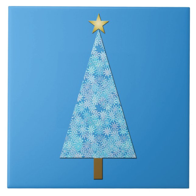 Blue flowers on a modern Christmas tree Tile (Front)