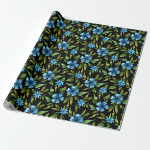 Blue Flowers on Black Wrapping Paper