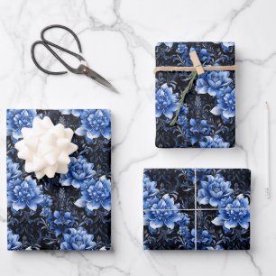 Blue Flowers on Black Wrapping Paper Sheet