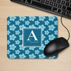 Blue Flowers On Blue Background Monogram  Mouse Pad