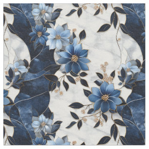 Blue Flowers on Marble  Fabric