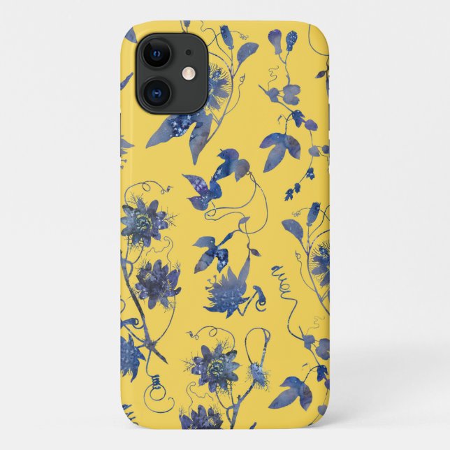 Blue Flowers on Mustard Yellow Floral Pattern Case-Mate iPhone Case (Back)