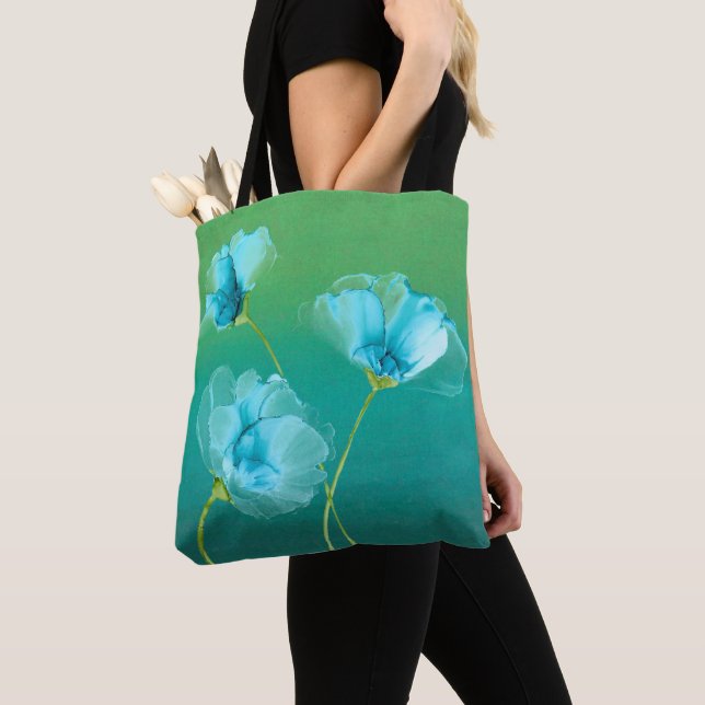 Blue Flowers on Ombre Background Tote Bag (Close Up)