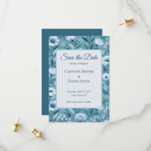 Blue Flowers on Turquoise Blue Background Save The Date