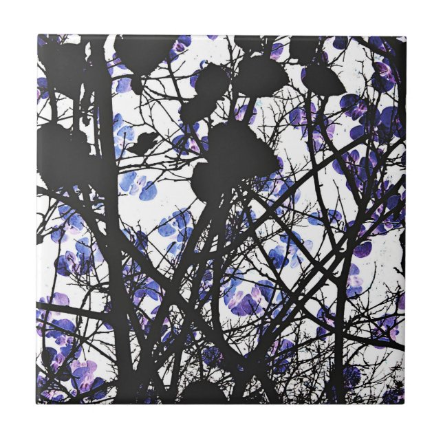 Blue flowers on winter tree concept digital art tile (Front)