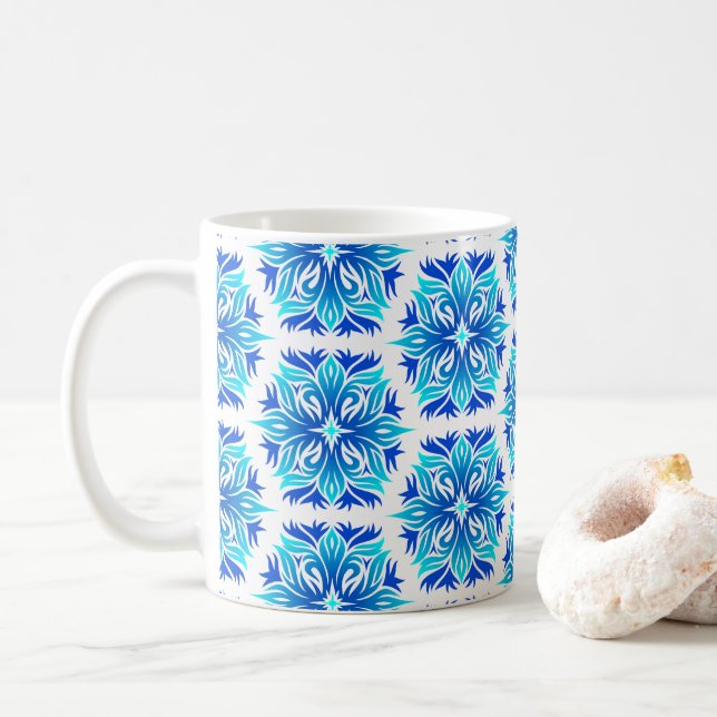 Blue Flowers, Pattern Of Flowers, Floral Pattern Coffee Mug (With Donut)