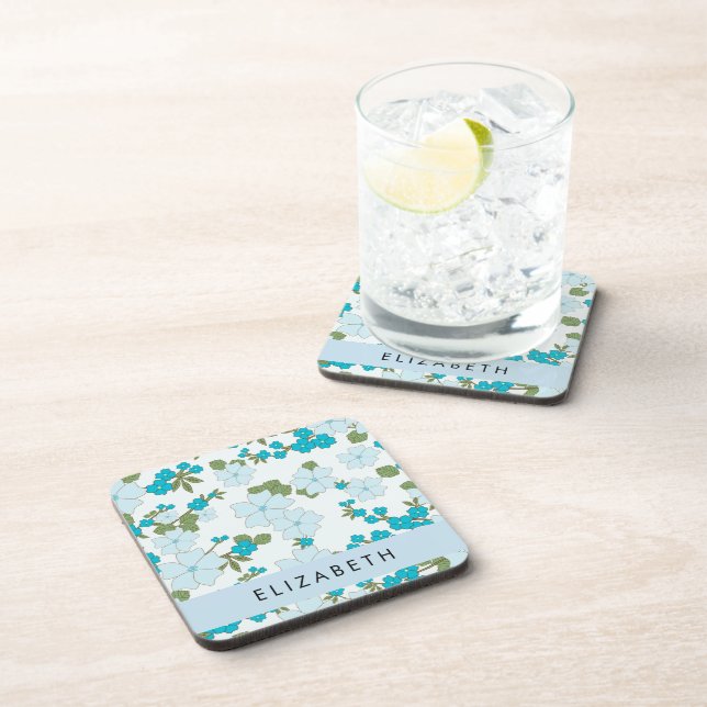 Blue Flowers, Pattern Of Flowers, Your Name Coaster (Right Side)