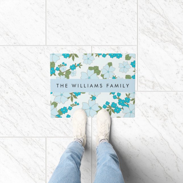 Blue Flowers, Pattern Of Flowers, Your Name Doormat (Indoor)
