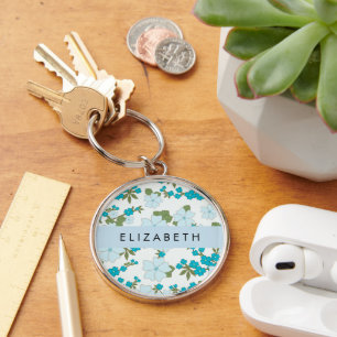 Blue Flowers, Pattern Of Flowers, Your Name Keychain
