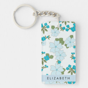 Blue Flowers, Pattern Of Flowers, Your Name Keychain