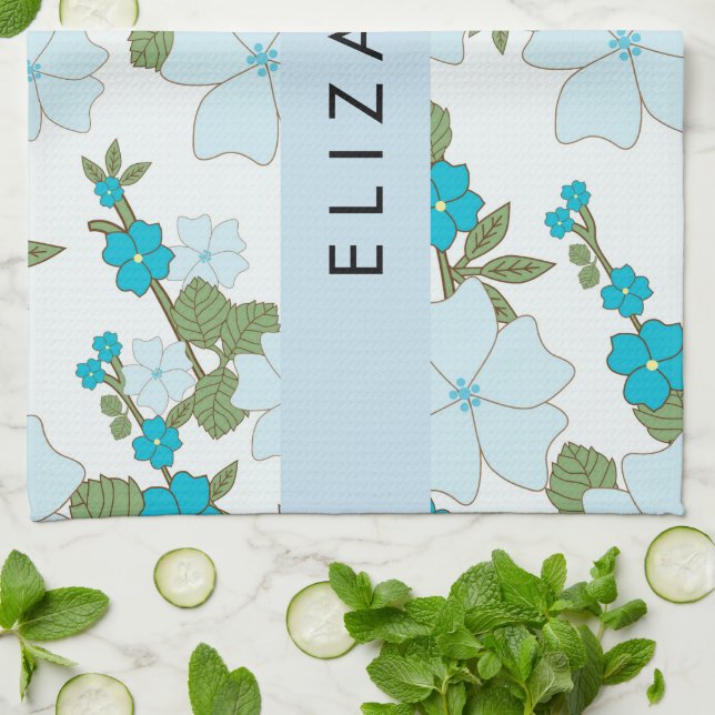Blue Flowers, Pattern Of Flowers, Your Name Kitchen Towel (Folded)