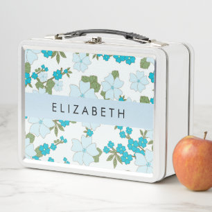 Blue Flowers, Pattern Of Flowers, Your Name Metal Lunch Box