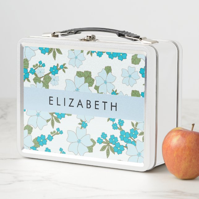 Blue Flowers, Pattern Of Flowers, Your Name Metal Lunch Box (In Situ)