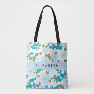 Blue Flowers, Pattern Of Flowers, Your Name Tote Bag