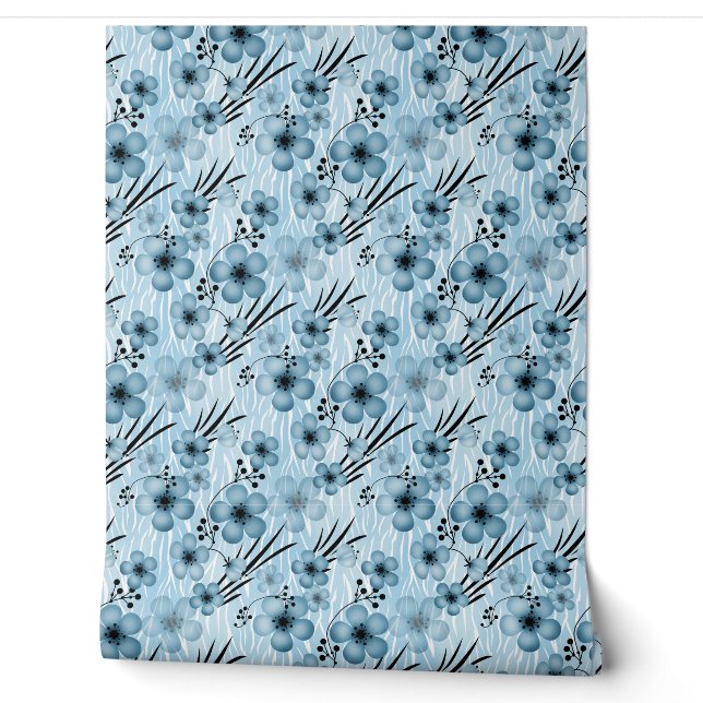 Blue flowers pattern on tiger background wallpaper (Unrolling)
