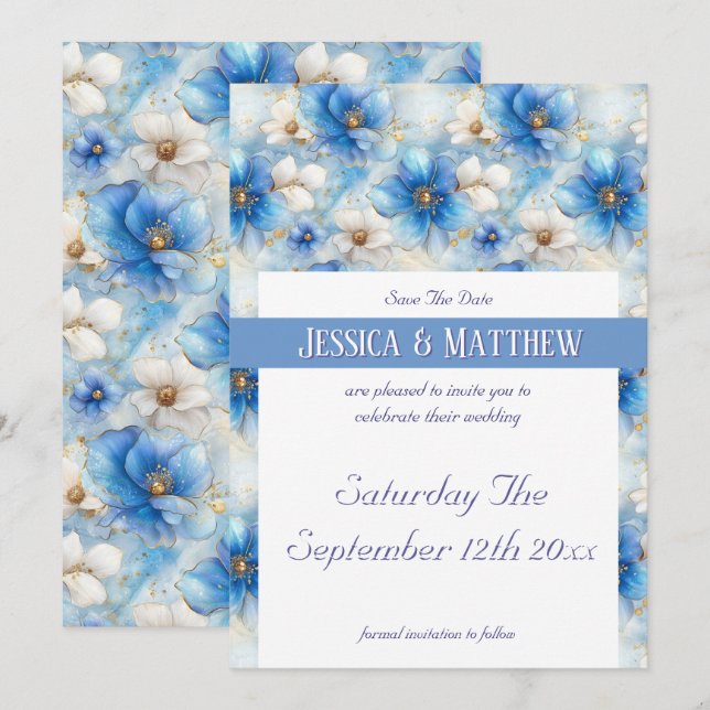 Blue Flowers Pattern Save The Date (Front/Back)