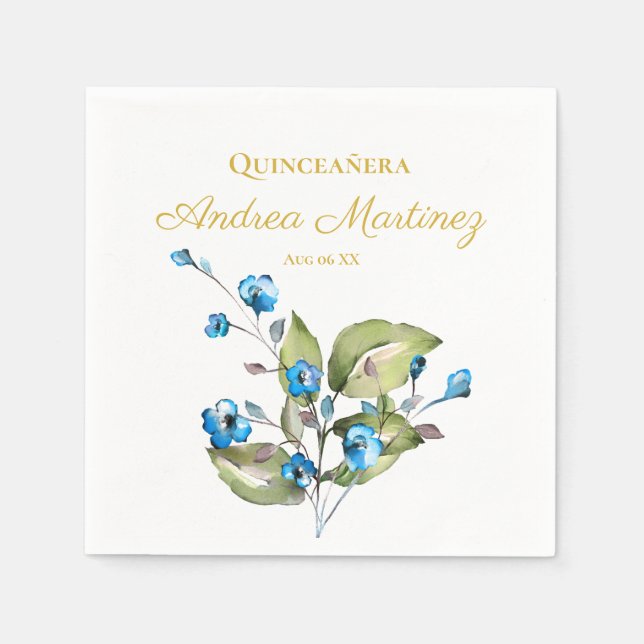 Blue Flowers Personalized Quinceañera Napkin (Front)