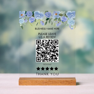 Blue Flowers Please Leave Us A Review QR Code Acrylic Sign